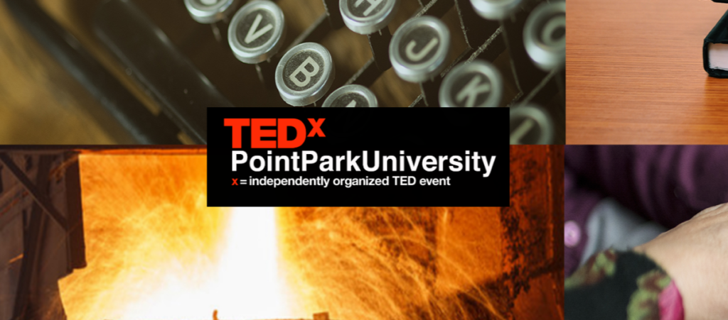 Image shows the words "TEDx Point Park University, an independently organized TED event" over a typewriter