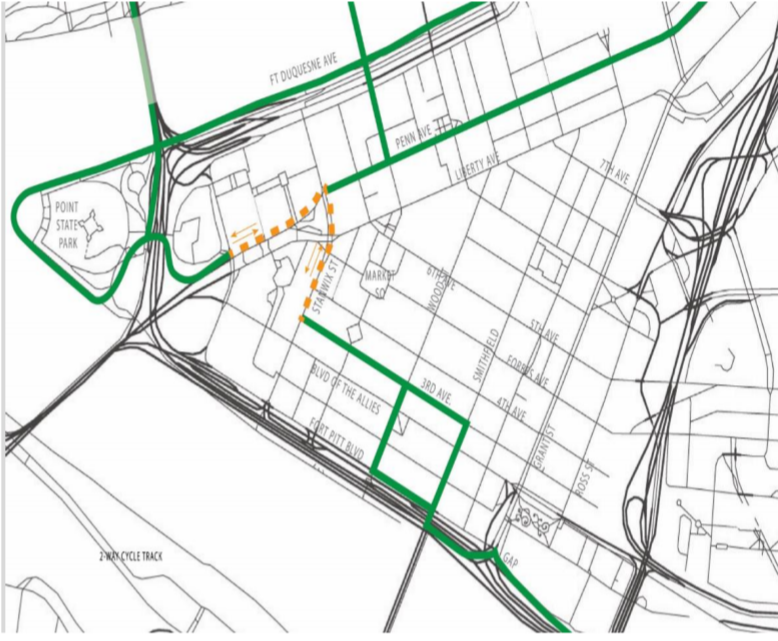 Map showing the Great Allegheny Passage, with Stanwix Street and Penn Avenue Extension highlighted