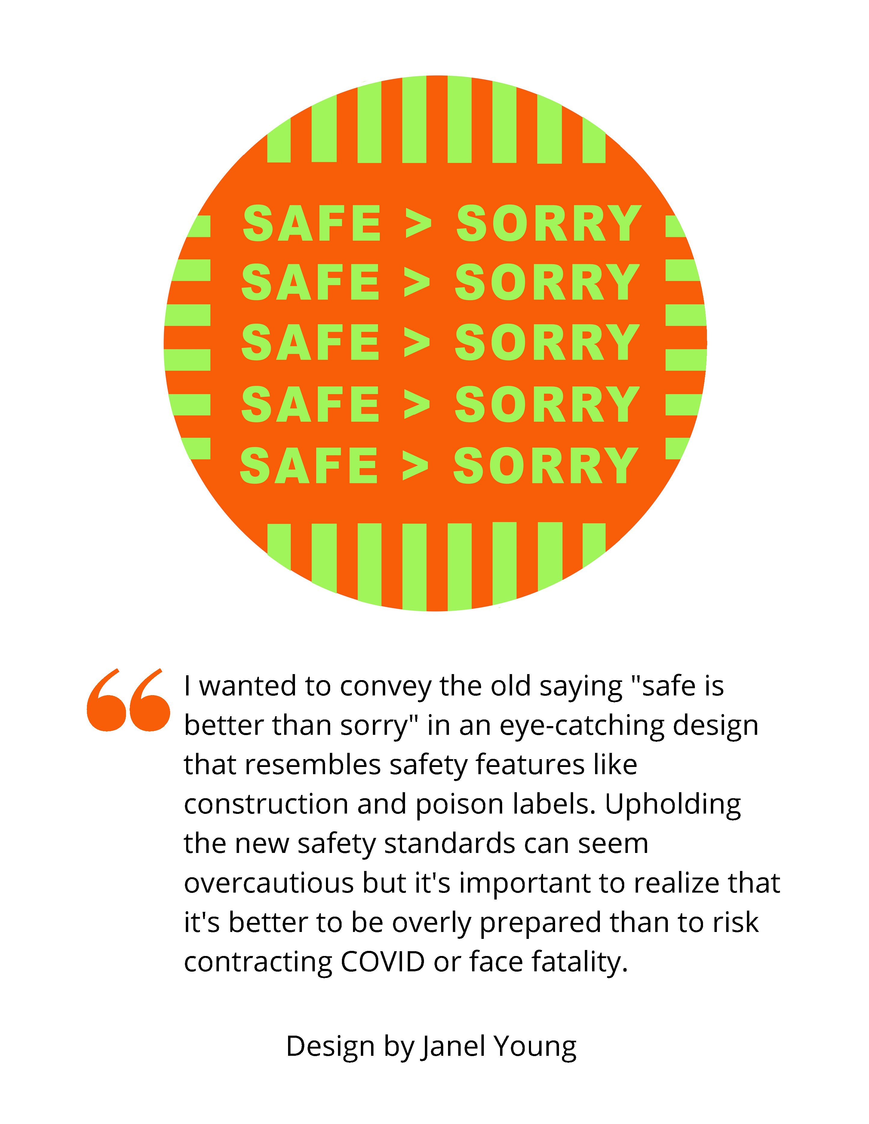 Image shows bright green text with the words "Safe > Sorry" over an orange background