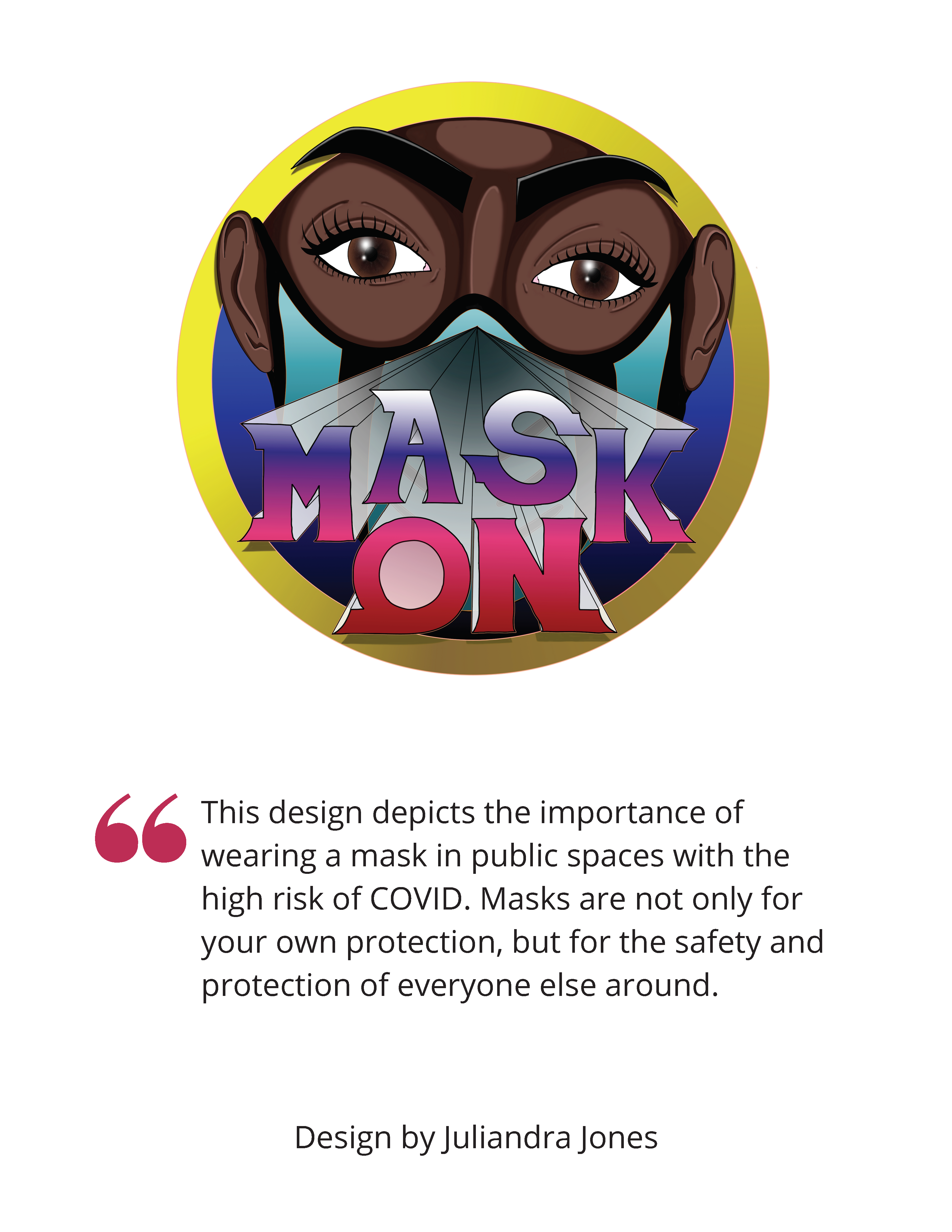 Image shows a person wearing a mask, with the words "Mask On" projecting out towards the viewer from the mask