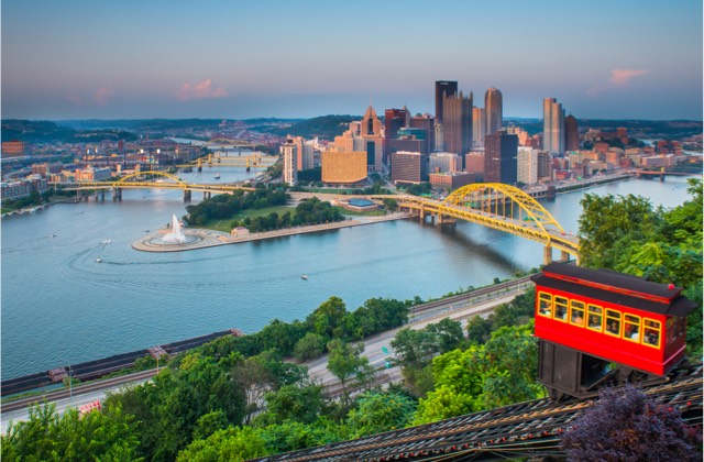 Shot overlooking the city with the incline running up Mt. Washington.