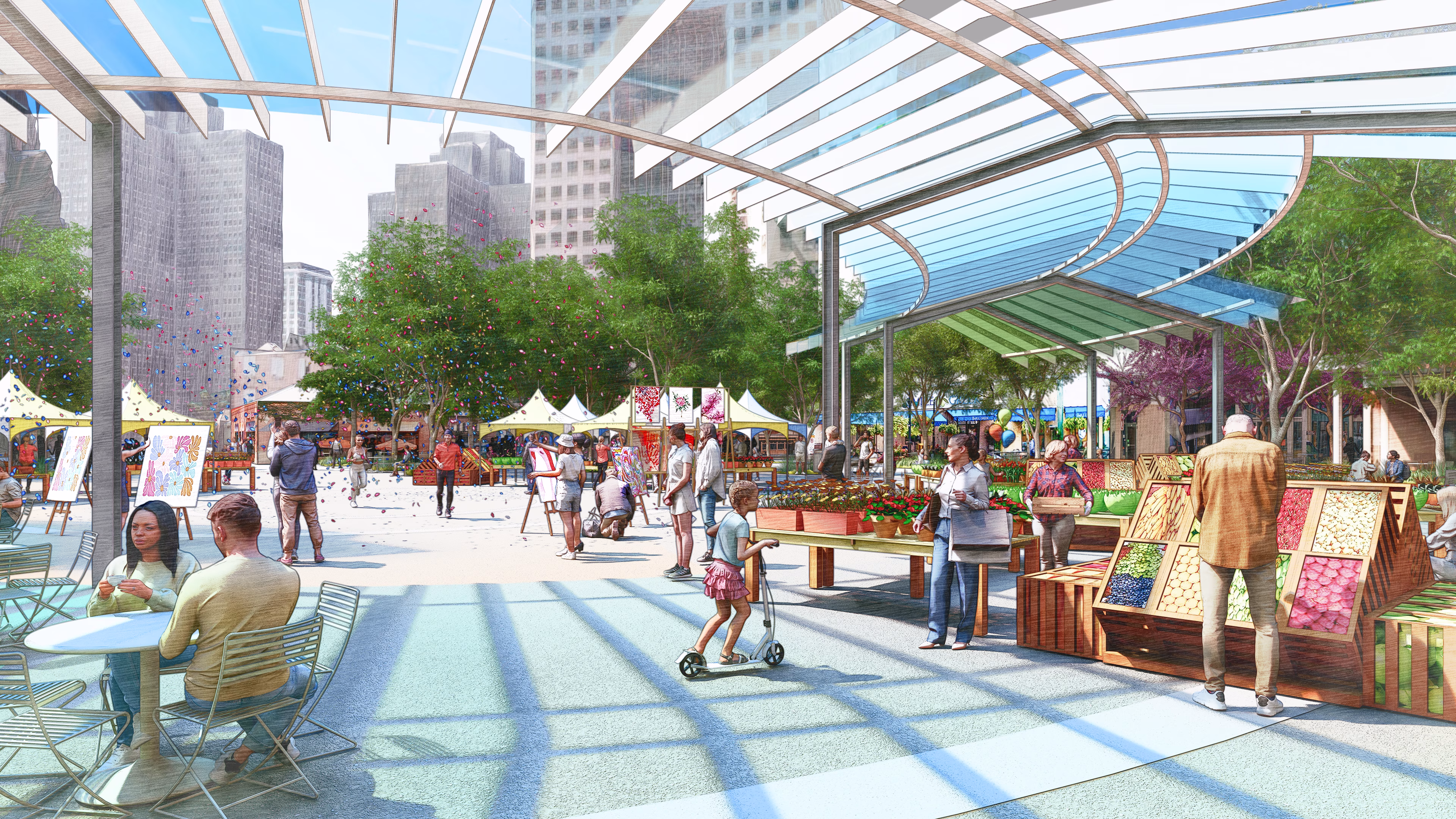 An illustrative 3d rendering of market square showing a food vendors.