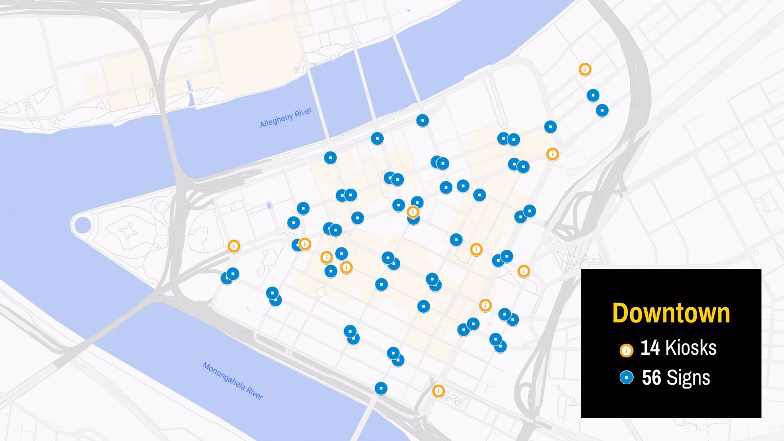 A graphic of a map with pins showing the location of signage Downtown.