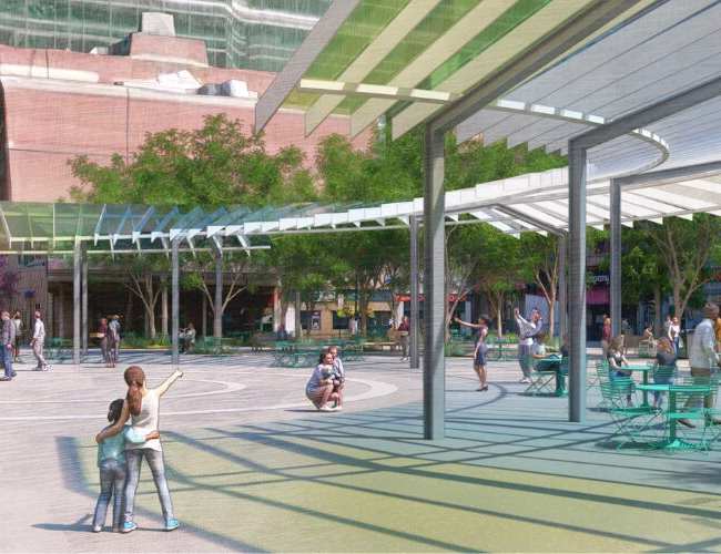 an illustrative 3d rendering of Market square showing people looking at the new feature