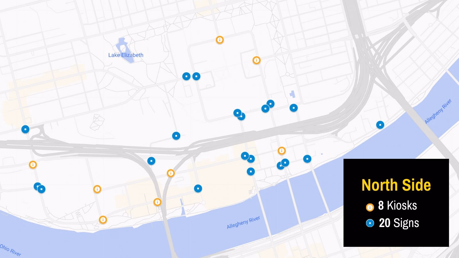 A graphic of a map with pins showing the location of signage in the North Side.