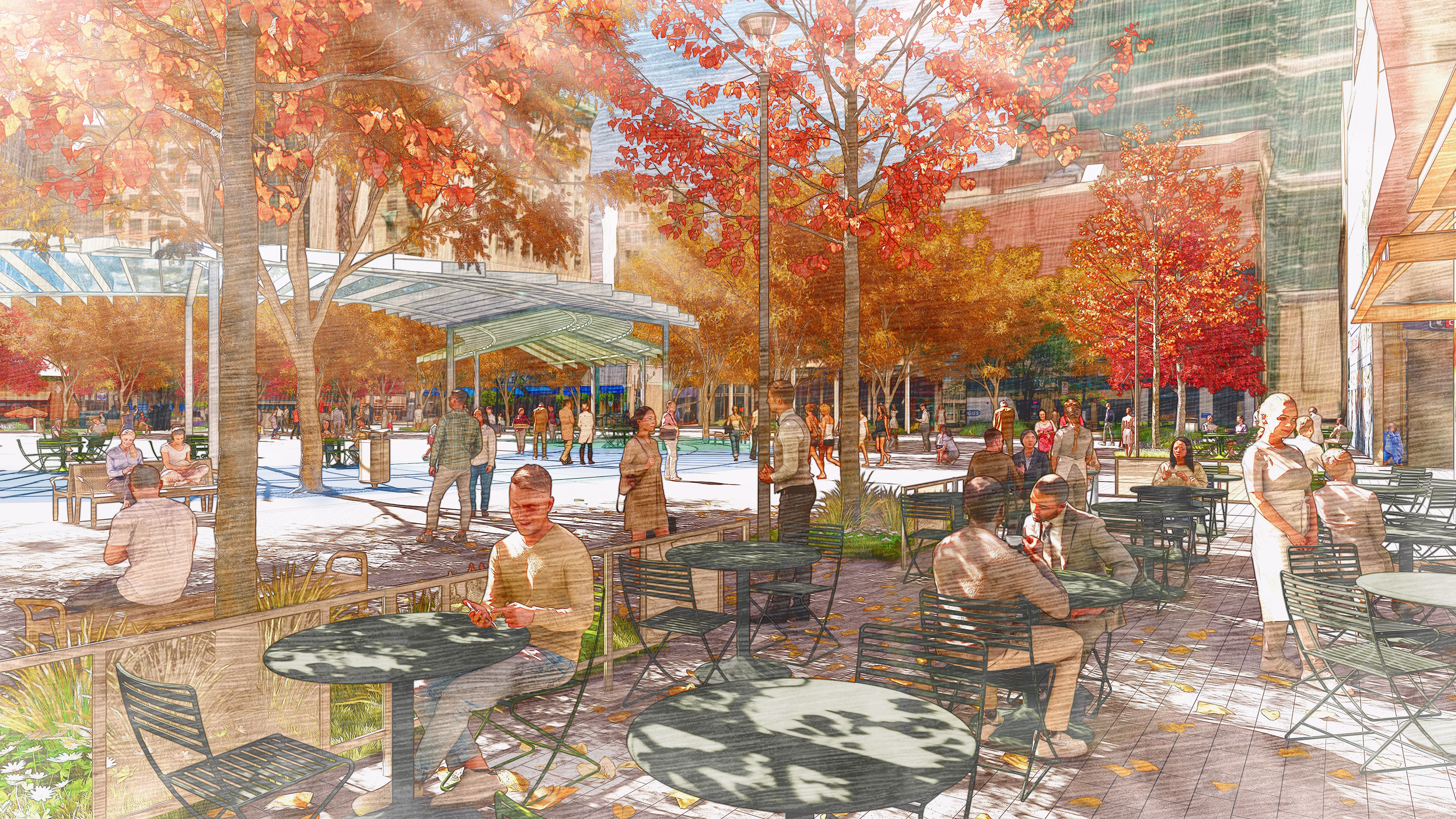 an illustration of Market Square in the fall featuring the new updates.