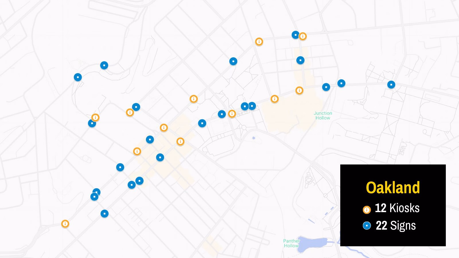 A graphic of a map with pins showing the location of signage in Oakland.