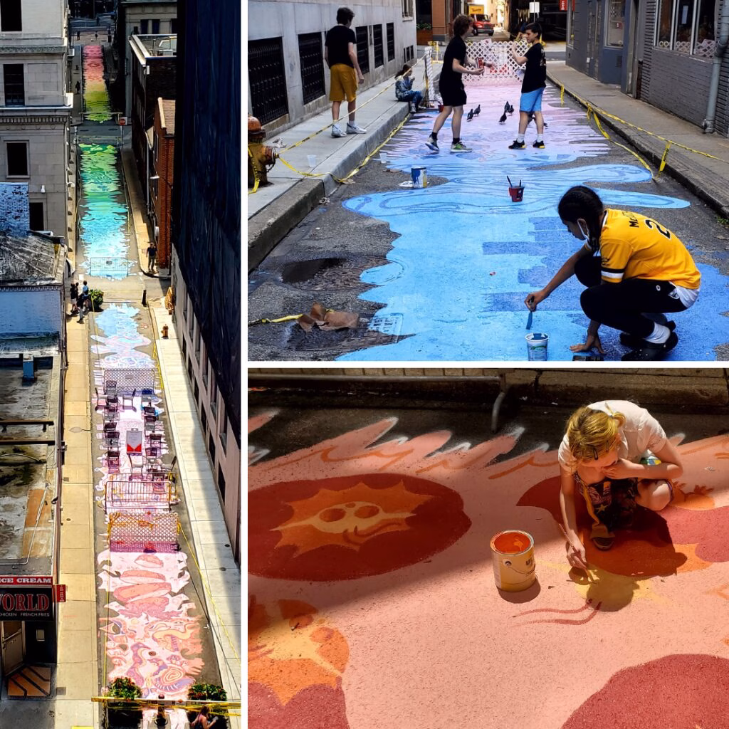 A collage of images showing the process for Rainbow Road, 2022