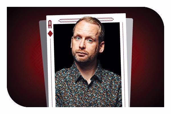 A graphic of a man who is placed inside of an Ace of Diamonds.