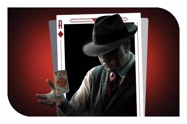 A graphic featuring a man in a fedora hovering a card.