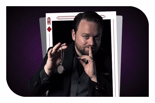 A graphic of a man who is placed inside of an Ace of Diamonds holding a stop watch.