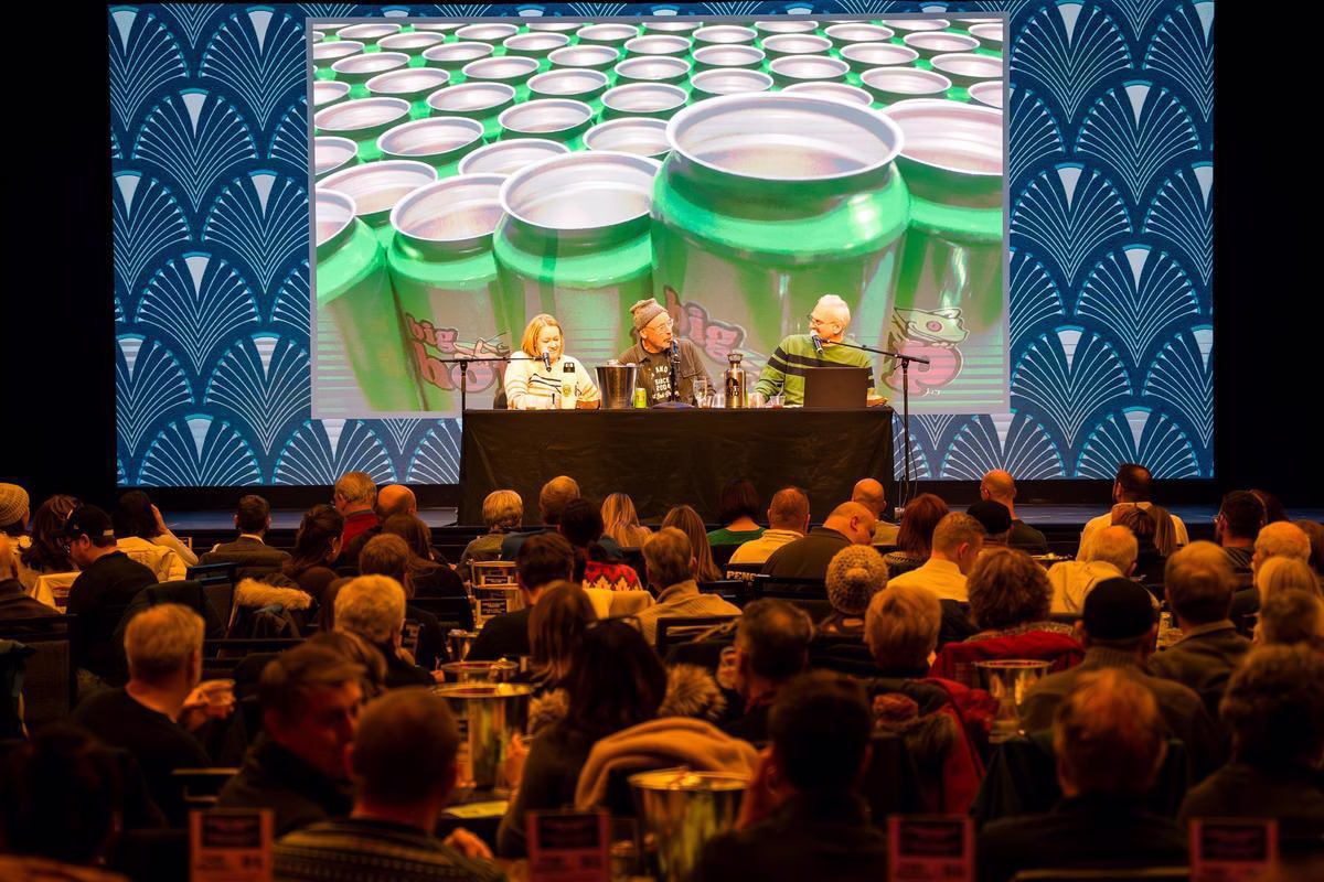 Three people speak in front of a thirsty crowd for Craft Beer School: Meet the Brewer - Grist House Craft Brewery