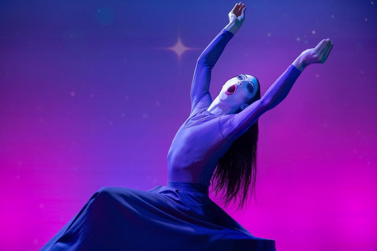 A performer hits a striking post for The MetaMarthasis
