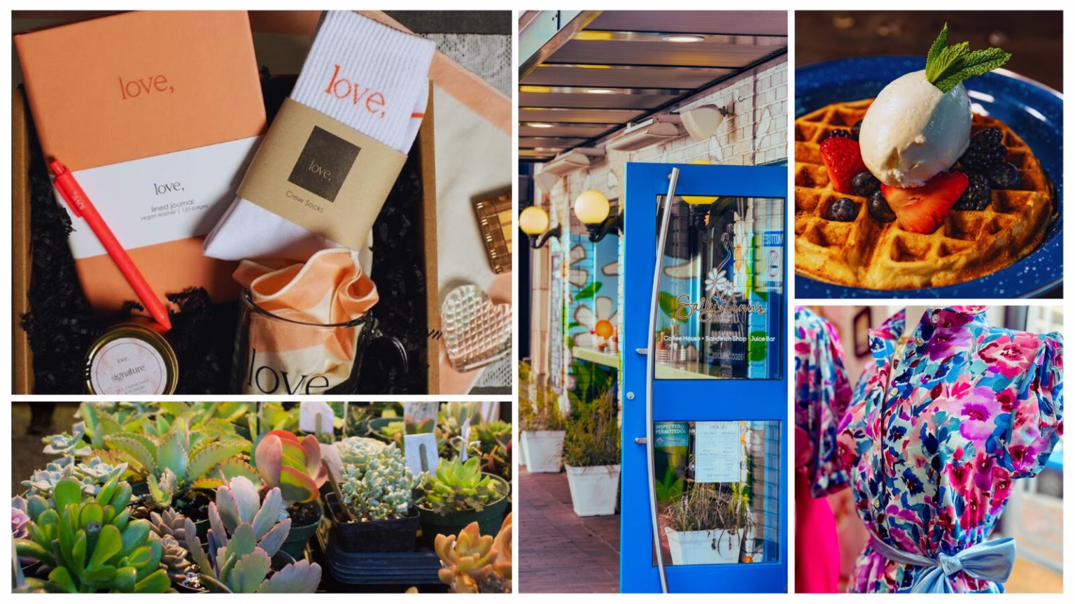 A collage of different things to do with your mother, including gifts, coffee, breakfast, cacti and dress shopping