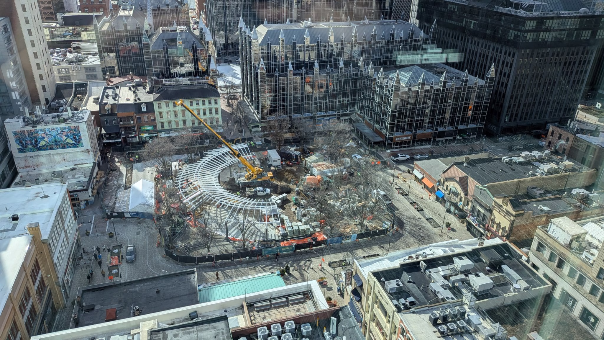 an overhead view of the construction of market square.